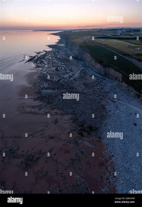 Evening Aerial View Of Southerndown Beach Wales United Kingdom Stock