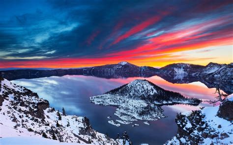 Crater Lake Sunrise Winter Perfect Scenery Hd Wallpaper Preview