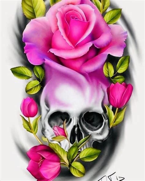 A Skull With Pink Roses And Butterflies Around It
