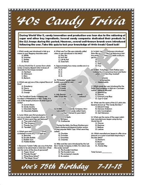 You can play this quiz in your classrooms and also in your easter gatherings and parties. 1940s Candy Trivia Printable Game - 1940s Candy - 1940s ...