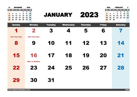 Free January 2023 Calendar Printable Pdf In Landscape Format Name