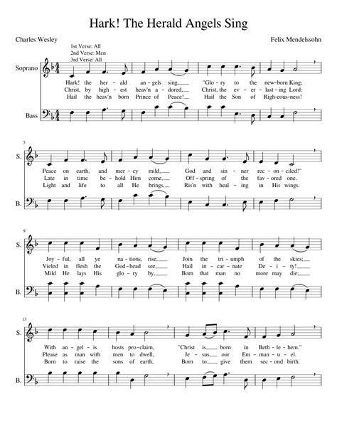 Hark The Herald Angels Sing Sheet Music For Soprano Bass Choral