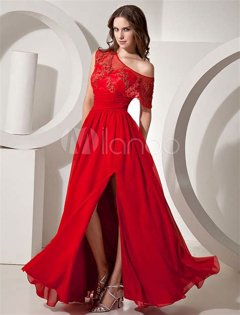 Attractive Red Chiffon One Shoulder Side Split Evening Dress Milanoo Com