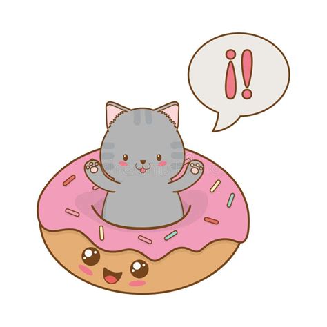 Cute Little Cat With Donuts Kawaii Character Stock Vector