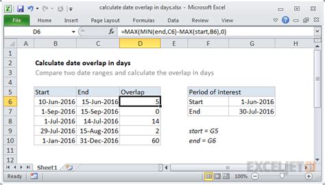 Calculate Date Overlap In Days Excel Formula Exceljet