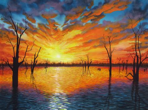 A Painting Of Trees In The Water At Sunset