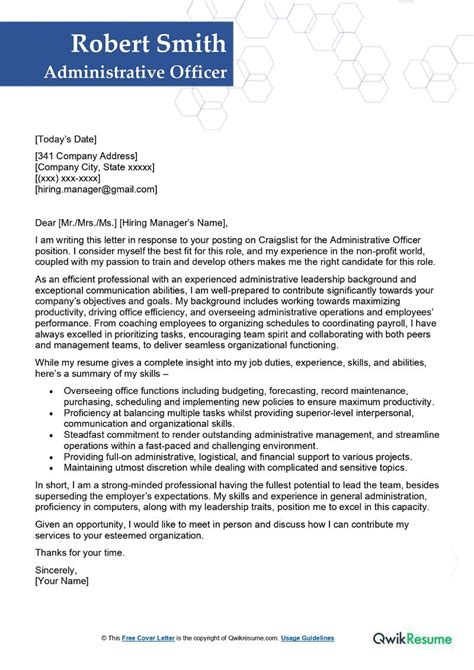 Administrative Officer Cover Letter Examples Qwikresume