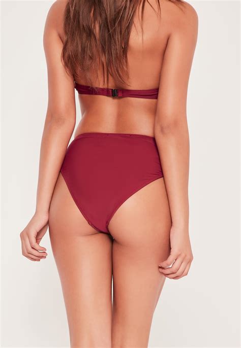 missguided super high leg high waisted bikini bottoms burgundy mix and match in red lyst
