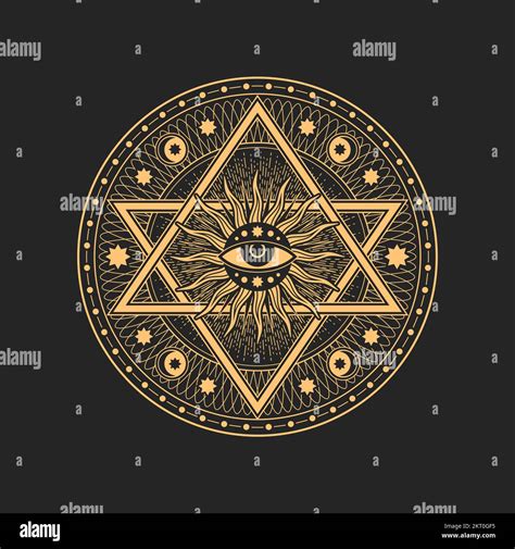 Pentagram With Magic Eye Satanic Star In Sun Rays Circle Vector Sun