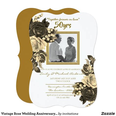Vintage Rose Wedding Anniversary 50th Golden Invitation
