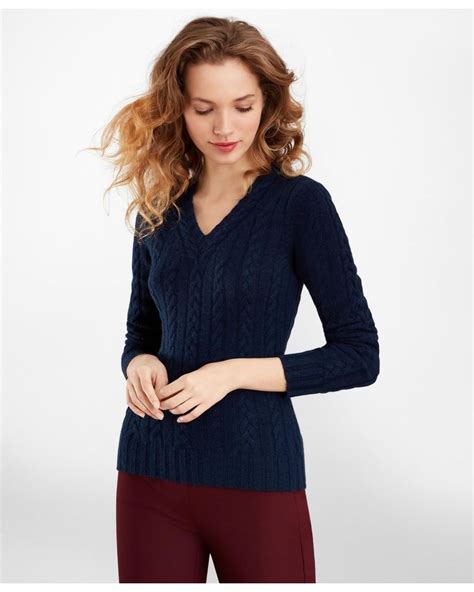 Brooks Brothers Cable Knit Cashmere V Neck Sweater In Navy Blue Lyst