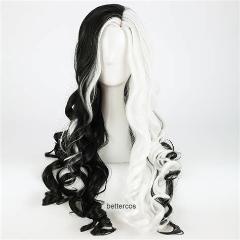 cruella deville de vil cosplay wigs 75cm long curly half white half black heat resistant