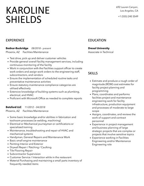 Facilities Maintenance Resume Samples | Velvet Jobs