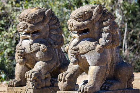 Sold Pair Of Hand Carved Stone Guardian Shishi Lions Or Foo Dogs