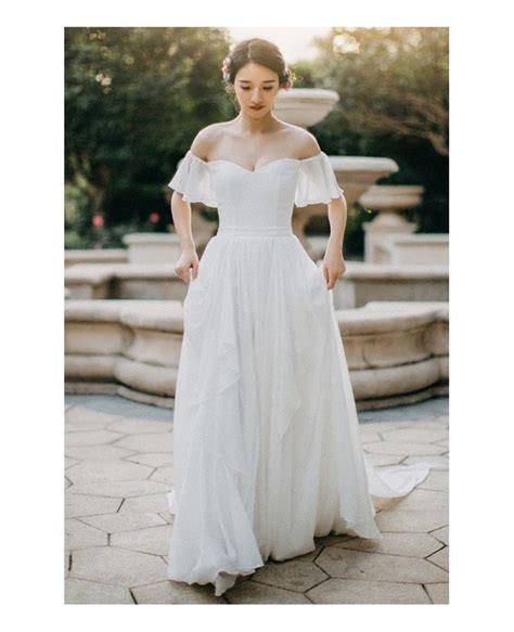 Simple Flowy Chiffon Off Shoulder Sleeve Summer Wedding Dress Long