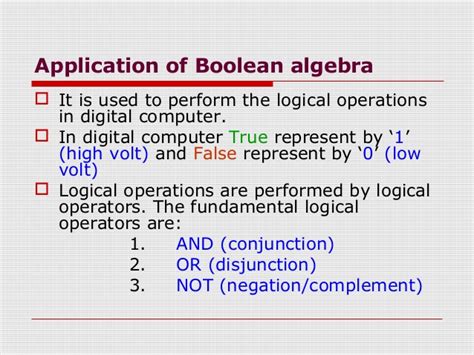 In mathematics and mathematical logic, boolean algebra is the branch of algebra in which the values of the variables are the truth values true and false, usually denoted 1 and 0 respectively. 13 Boolean Algebra