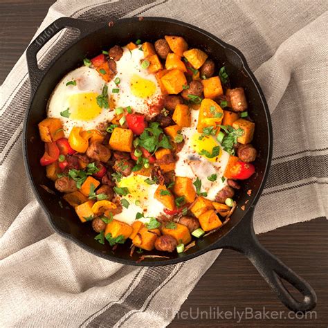 Sweet Potato Breakfast Hash With Sausage Bacon And Eggs The Unlikely Baker