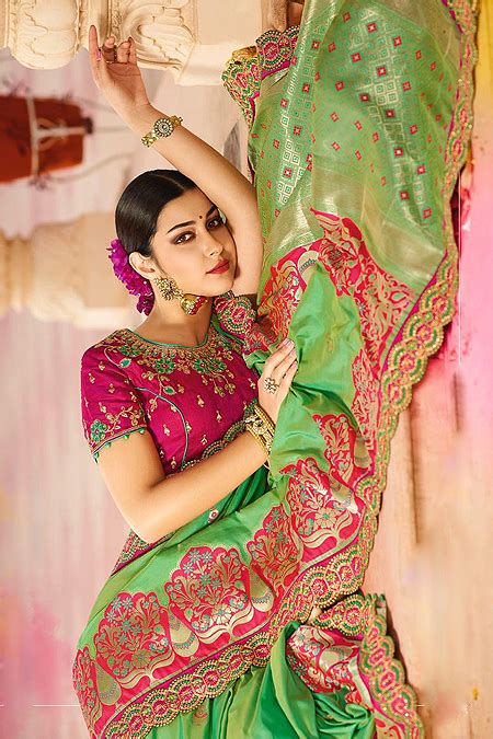 Buy Light Green And Pink Silk Embroidered Saree Online Like A Diva