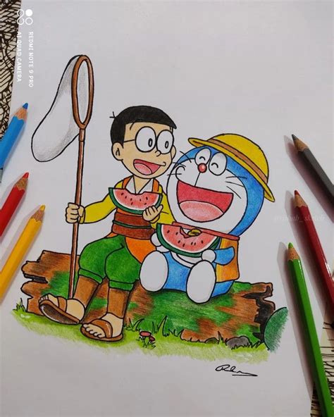 Doraemon And Nobita Colour Pencil Drawing In 2022 Art Drawings For