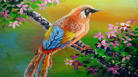 Bird With Flowers Painting Tutorial Using Acrylic Paints On Canvas