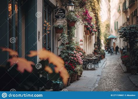 Charming Parisian Street With Colorful Flowers And Quaint Cafes Stock
