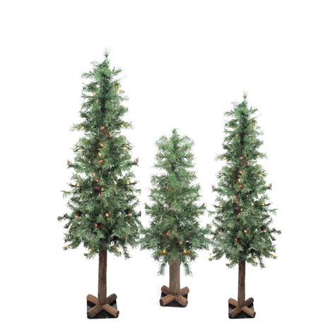 Set Of 3 Pre Lit Woodland Alpine Artificial Christmas Trees 3 4 And 5