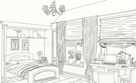 Bedroom Interior Graphic Black White Sketch Illustration Hand Drawn