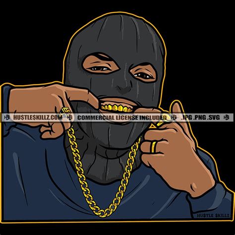 Black Man Ski Mask Showing Gold Grill Teeth Rings Chains Gangster