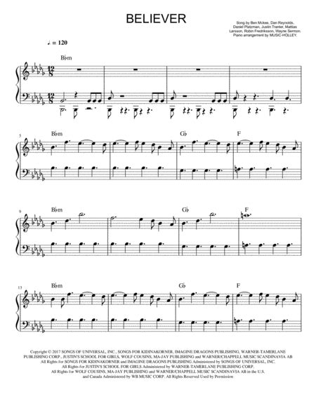Imagine Dragons Believer Easy Piano Sheet In Bb Minor Music Sheet