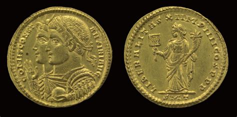 Roman Coin With Busts Of Radiate Sol And Laureate Constantine Holding