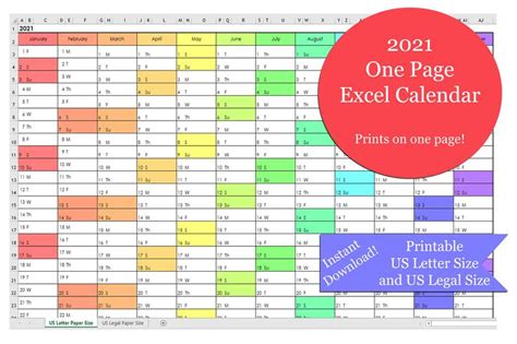 Download free printable excel calendar templates for 2021 in xls or xlsx format. 2021 One Page Excel Calendar | Etsy