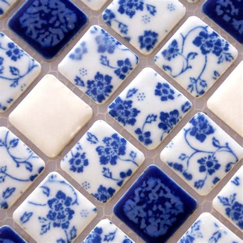 The versailles tiling pattern is a more complicated tiling pattern that looks effective in all areas of the home, including the bathroom, although is not recommended for very small bathrooms. Blue and White Tile Glossy Porcelain Mosaic Bathroom Tiles ...