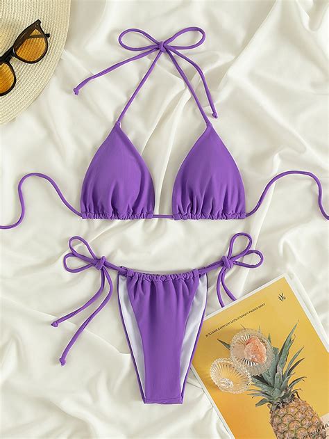 Purple Sexy Plain Embellished High Stretch Women Beachwear Bikini Violet Purple Bikini Set