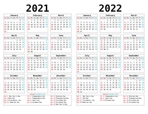 2021 And 2022 Printable Calendar With Holidays 12 Templates