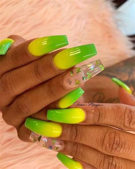 Lime Green And Yellow Ombre Nails Coffin Shaped Long Set With Accent