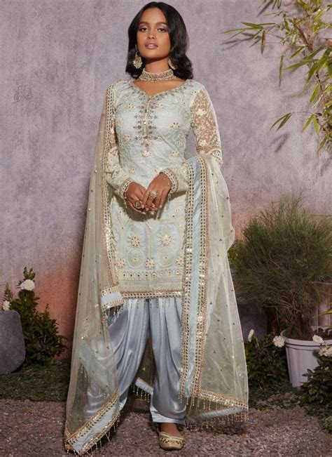 Dusty Blue Lucknowi Embroidered Punjabi Suit Lashkaraa Indian Saree