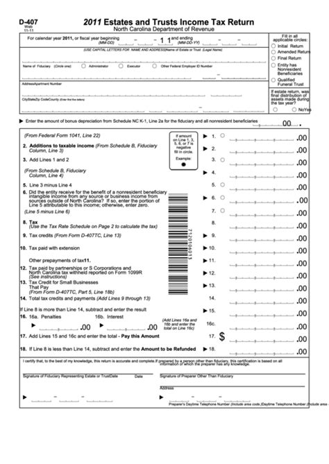 Form D 407 Estates And Trusts Income Tax Return 2011 Printable Pdf