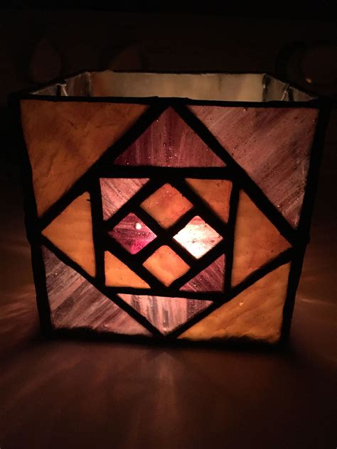 Cut out a paper angel/star/tree and stick on the front. Stained glass candle holder in a quilt pattern | Stained ...