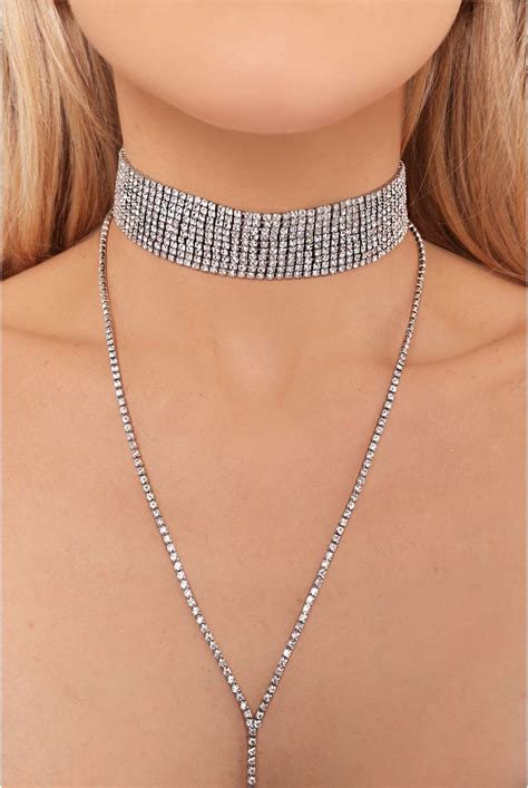 Alize Silver Diamante Plunge Neckline Choker Chokers Necklace Collar Necklace