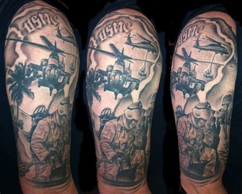 Military Helicopter With Soldiers Tattoo On Half Sleeve | Soldier