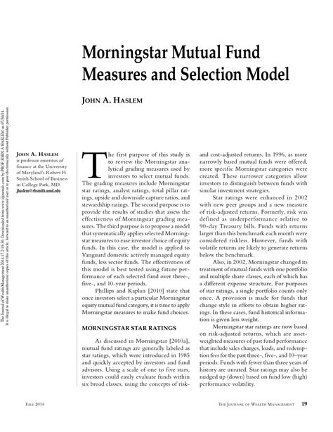 Pdf Morningstar Mutual Fund Measures And Selection Model