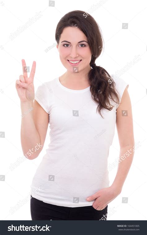 Portrait Happy Young Woman Giving Peace Stock Photo 164451005