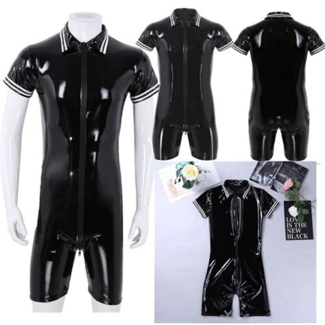 mens wet look jumpsuit zipper bodysuit pvc leather catsuit zentai suits clubwear ebay
