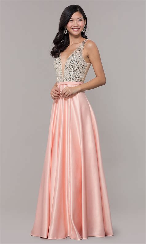 Satin V Neck Long Prom Dress With Sequins Promgirl