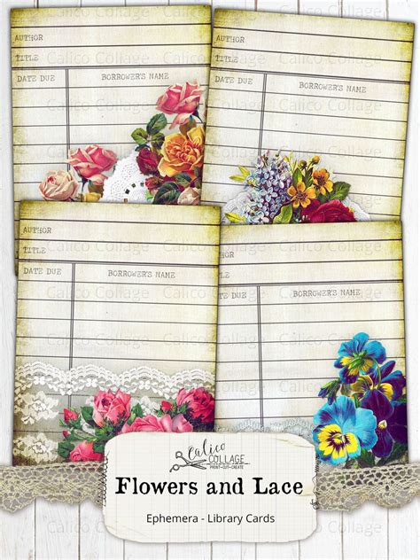 Flowers And Lace Junk Journal Library Cards Vintage Library Cards Set