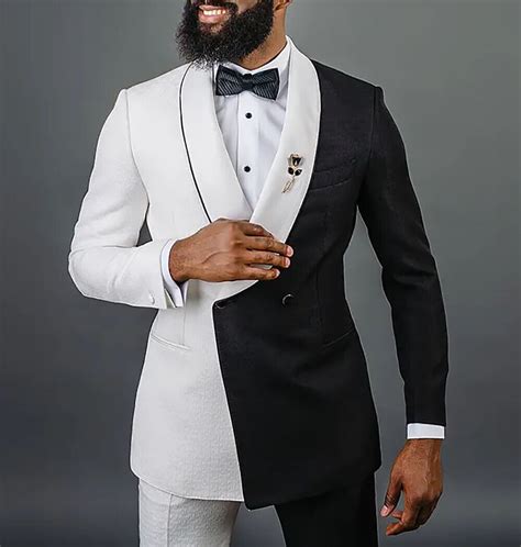 Mens Black White Suits Wedding Tuxedos Double Breasted Shawl Lapel