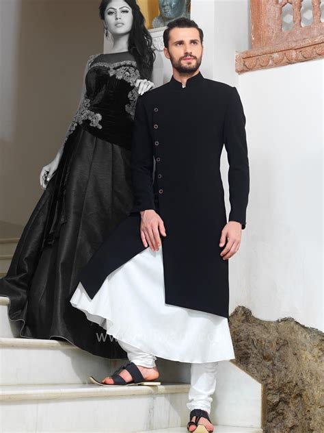 Designer White And Black Color Indo Western Sherwani Kurta Pajama Men Kurta Men Mens Sherwani