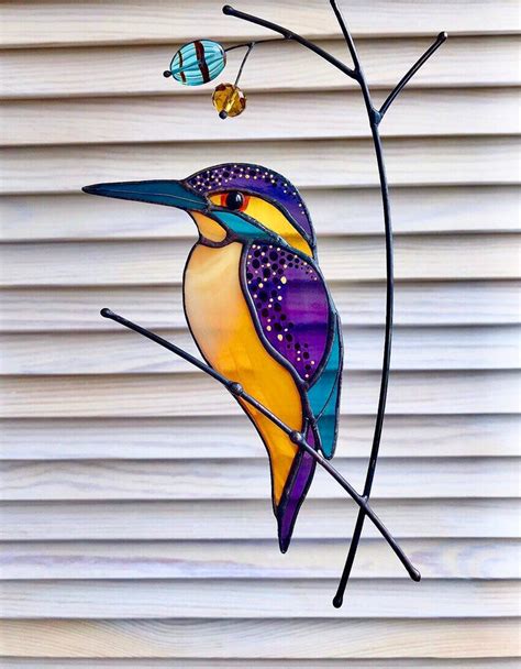 Small lamp tiffany styled stained glass decorative accent night light table top home décor bedroom, bathroom, nursery j devlin lam 710 this piece comes with a looped chain on the top for hanging, but it can also be set upright on a table or shelf. Stained glass Kingfisher suncatcher window hanging custom ...