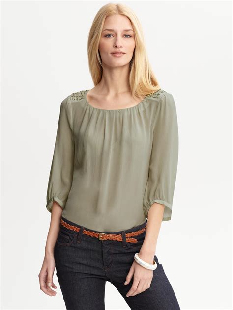 Banana Republic Heritage Embellished Silk Blouse In Gray Green Lyst