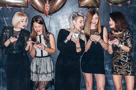 Group Of Five Beautiful Stylish Night Style Women Posing And Chatting